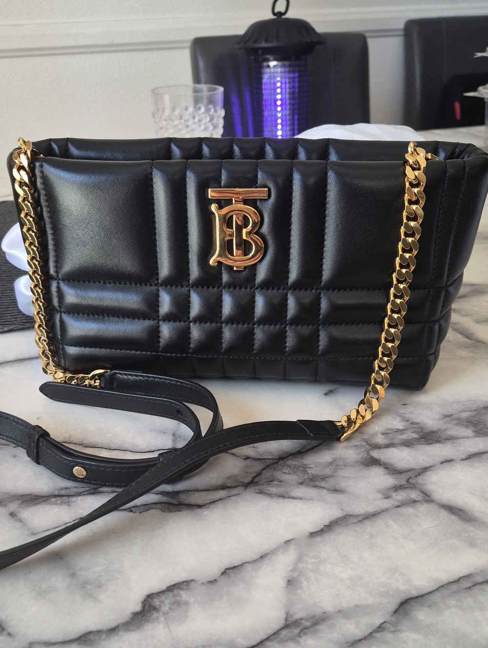 Burberry Black Quilted Leather Shoulder Bag with Gold TB Chain